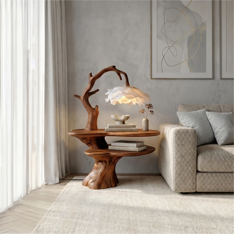Spry Interior Natural Bedside Table with Floral Lamp, Handcrafted Tree Branch Solid Wood Nightstand for Guest Room, SINLSABT270