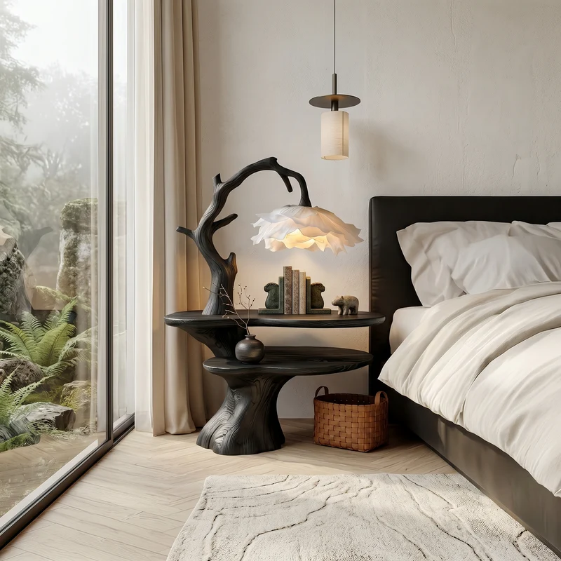 Spry Interior Natural Bedside Table with Floral Lamp, Handcrafted Tree Branch Solid Wood Nightstand for Guest Room, SINLSABT270
