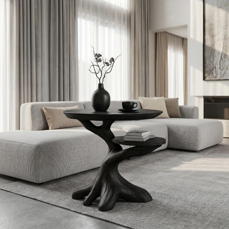 Spry Interior Modern Side Table with Organic Tree Root Silhouette, Handcrafted Solid Wood Bedside Nightstand & End Table, SINLSABT268