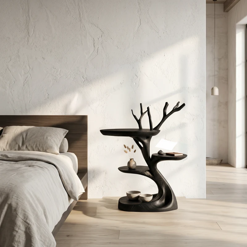 Spry Interior Rustic End Table with Tree Root Design, Handcrafted Solid Wood Bedside Nightstand & Living Room Accent Table, SINLSABT267