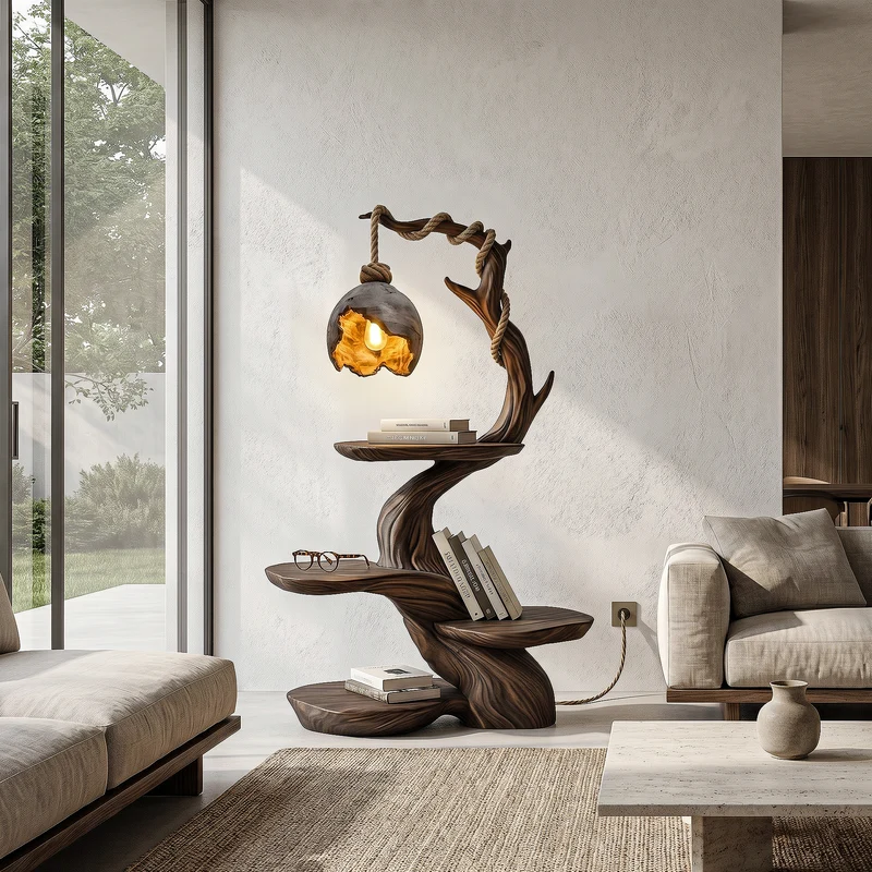 Spry Interior Nature-Inspired Bedside Table with Sculptural Tree Form & Ambient Lamp, Solid Wood Nightstand for Bedroom, SINLHABT266