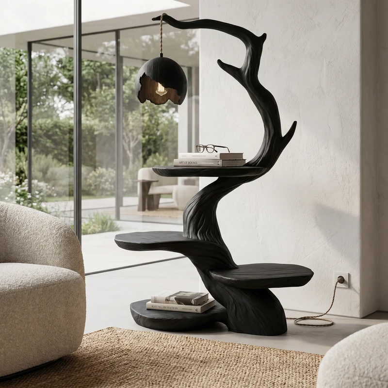 Spry Interior Nature-Inspired Bedside Table with Sculptural Tree Form & Ambient Lamp, Solid Wood Nightstand for Bedroom, SINLHABT266