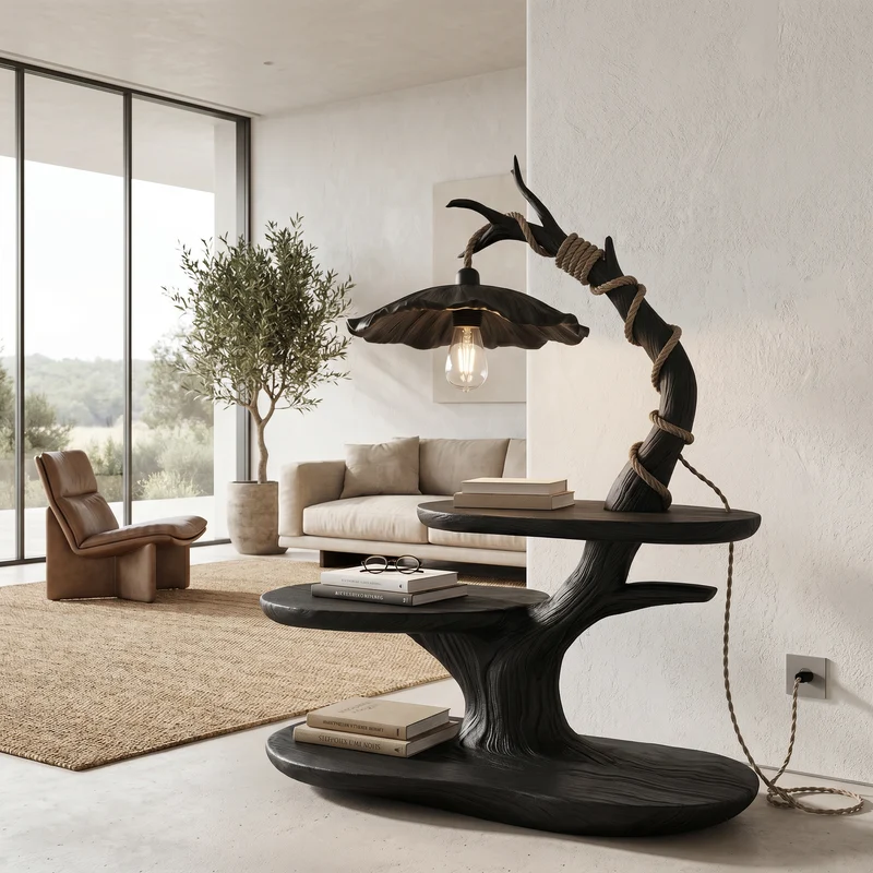 Spry Interior Sculptural Bedside Table with Tree Branch Lamp, Open Storage Shelves, Solid Wood Nightstand for Bedroom, SINLHABT265