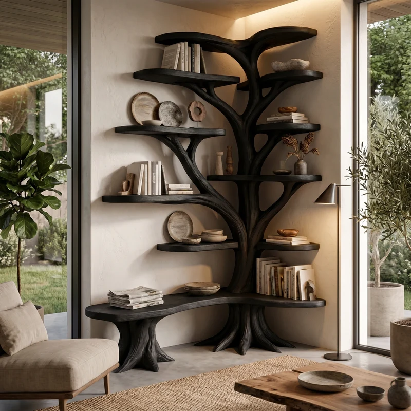 Spry Interior Organic Tree Bookshelf, Sculptural Branch Design Solid Wood Multi-Tier Display Rack for Living Room, SINLHATB751