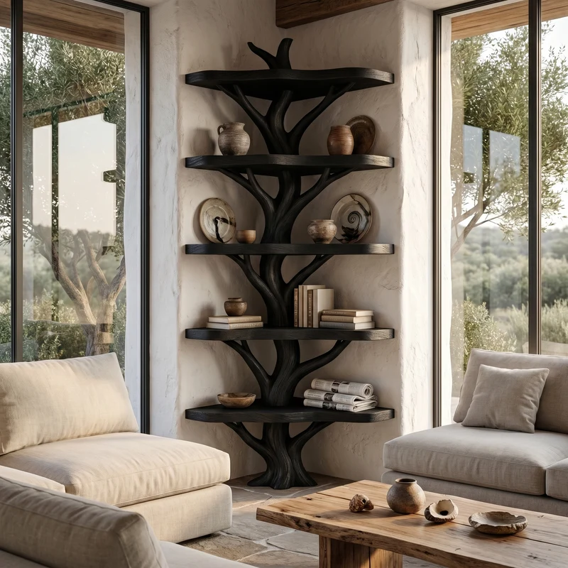 Spry Interior Sculptural Tree Bookshelf, Handcrafted Solid Wood Multi-Tier Open Shelving Unit for Cozy Reading Corner, SINLHATB750