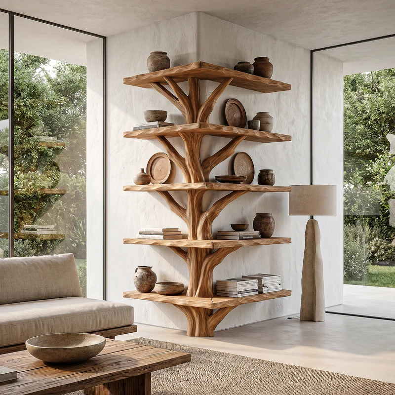 Spry Interior Organic Modern Tree Bookcase, Artistic Branch Solid Wood Storage Rack for Home Office & Study Room, SINLHATB749