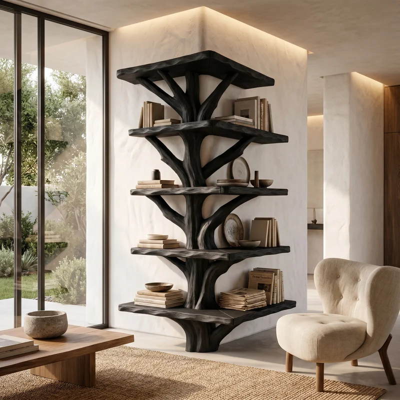 Spry Interior Organic Modern Tree Bookcase, Artistic Branch Solid Wood Storage Rack for Home Office & Study Room, SINLHATB749