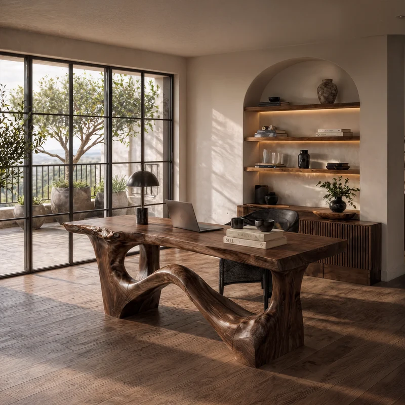 Spry Interior Organic Sculptural Desk, Asymmetrical Solid Wood Base & Writing Desk Top for Office & Study, SINLKIDK114