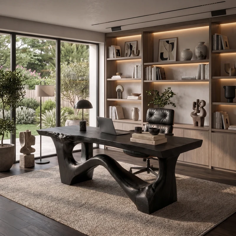 Spry Interior Organic Sculptural Desk, Asymmetrical Solid Wood Base & Writing Desk Top for Office & Study, SINLKIDK114