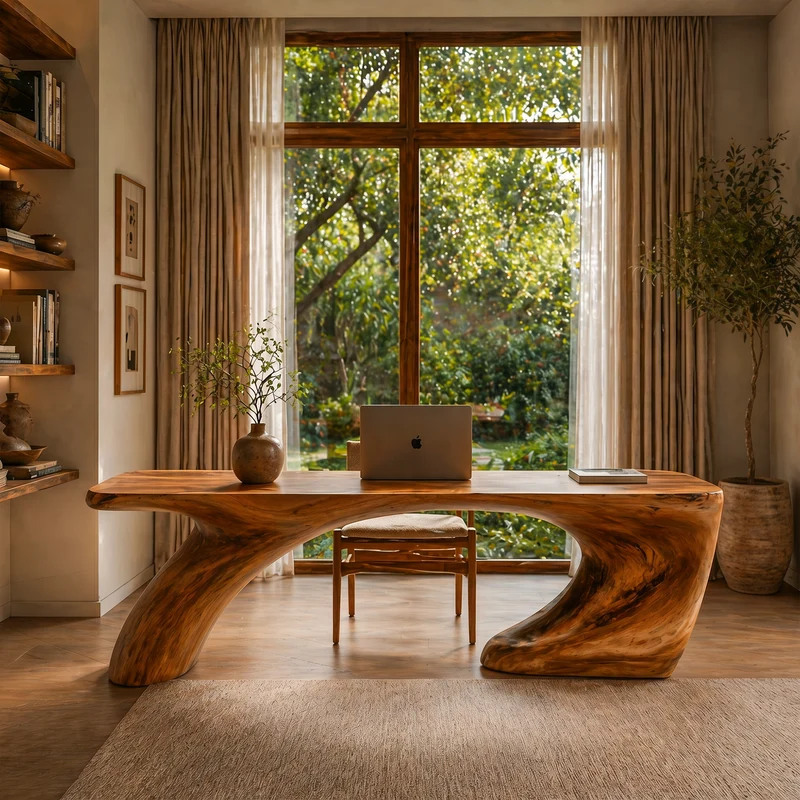 Spry Interior Modern Organic Desk, Sculptural Curved Solid Wood Base & Writing Table for Home Office Workspace, SINLKIDK113