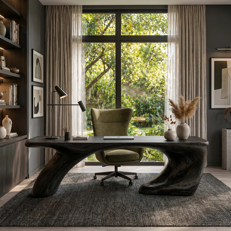 Spry Interior Modern Organic Desk, Sculptural Curved Solid Wood Base & Writing Table for Home Office Workspace, SINLKIDK113