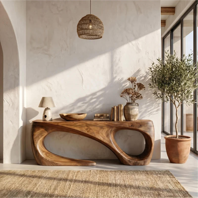 Spry Interior Rustic Console Table, Handcrafted Flowing Organic Wood Entryway Table with Live Edge Style for Living Room, SINLSACS651