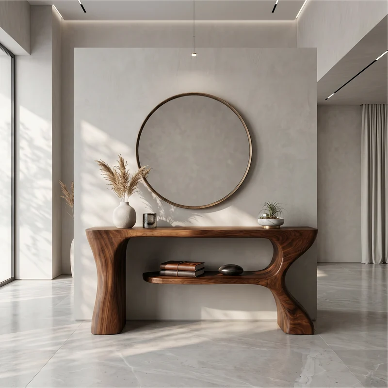 Spry Interior Organic Console Table, Sculptural Curved Wave Wood Entryway Table, Minimalist Hallway Foyer Sofa Table, SINLSACS639
