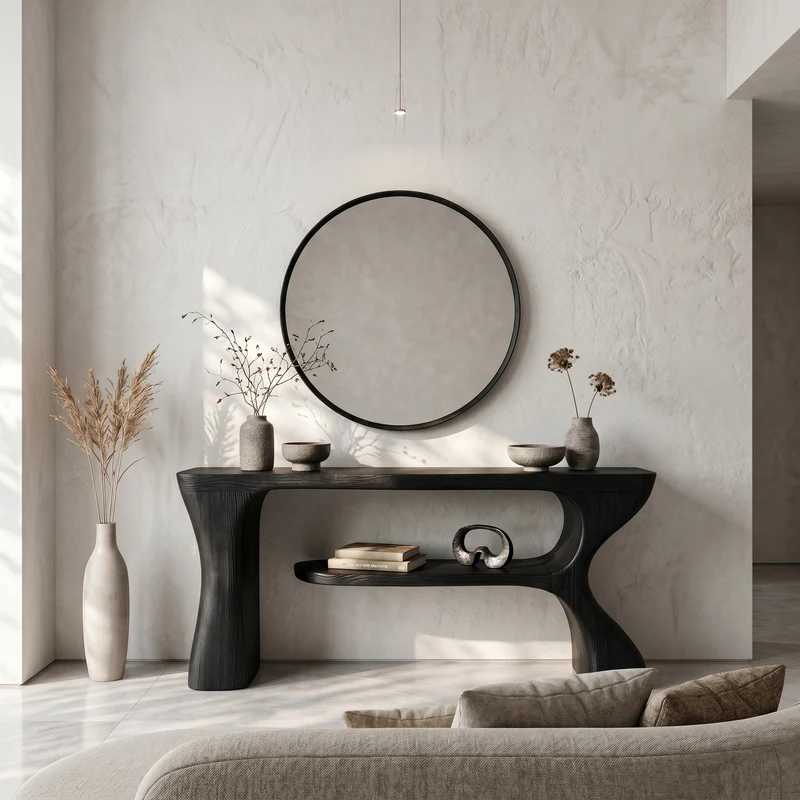 Spry Interior Organic Console Table, Sculptural Curved Wave Wood Entryway Table, Minimalist Hallway Foyer Sofa Table, SINLSACS639