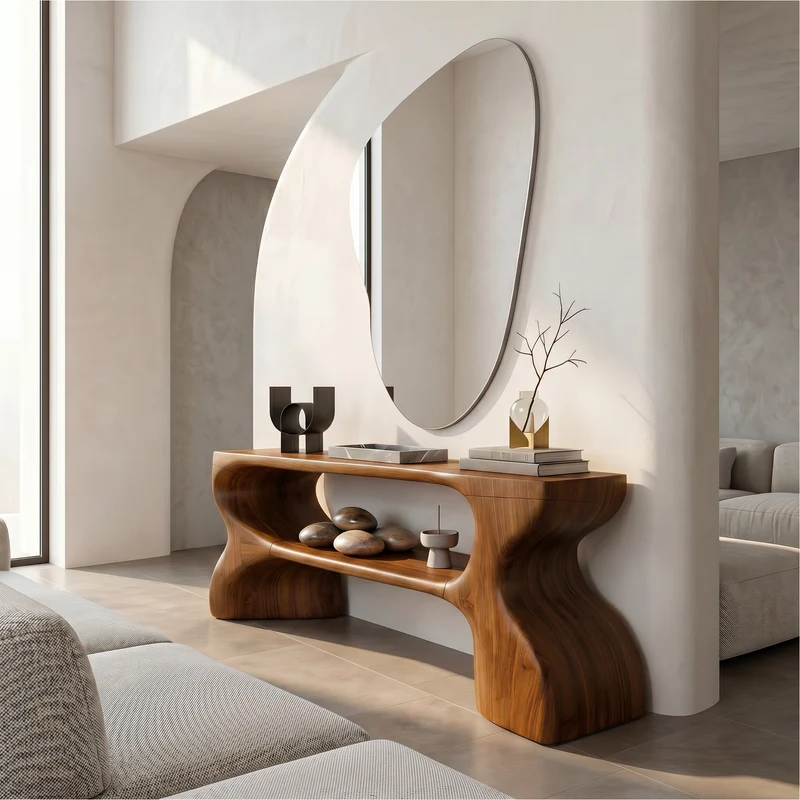 Spry Interior Contemporary Console Table, Architectural Curved Design Wood Entryway Table, Minimalist Sofa Table for Foyer, SINLSACS637
