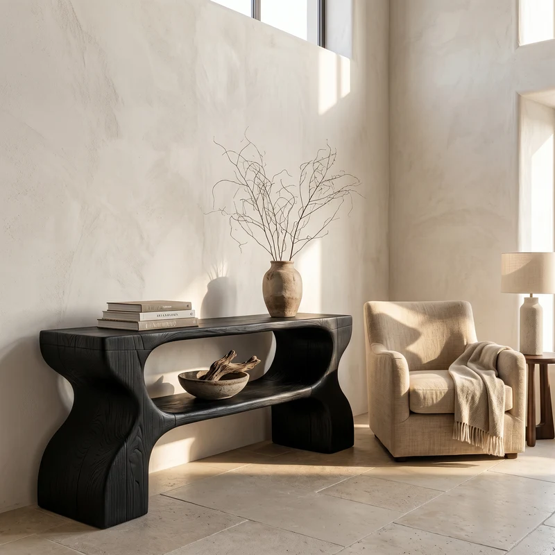 Spry Interior Contemporary Console Table, Architectural Curved Design Wood Entryway Table, Minimalist Sofa Table for Foyer, SINLSACS637