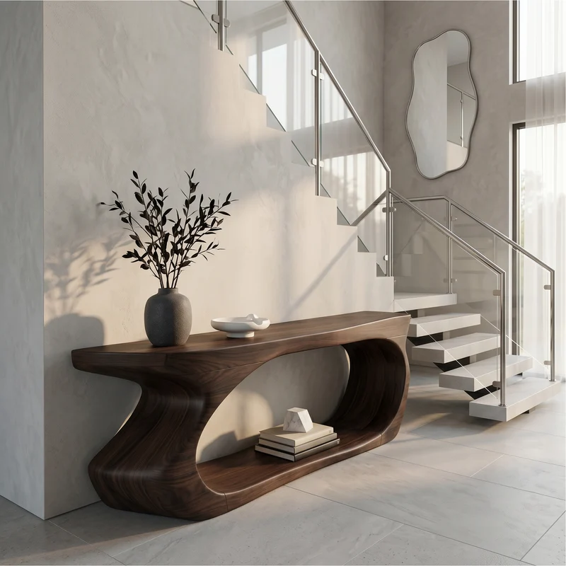 Spry Interior Modern Console Table, Sculptural Circular Form Wood Entryway Table, Creative Foyer Sofa Table for Hallway, SINLSACS636