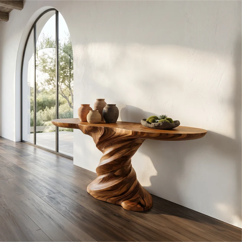 Spry Interior Organic Console Table, Sculptural Helix Base Handcrafted Wood Entryway Table for Hallway & Living Room, SINLSACS631