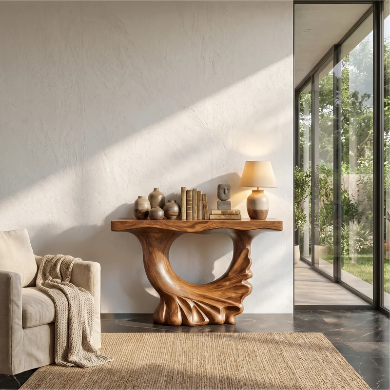 Spry Interior Modern Console Table, Sculptural Ring Form Pedestal Base Solid Wood Entryway Table for Living Room & Foyer, SINLSACS630
