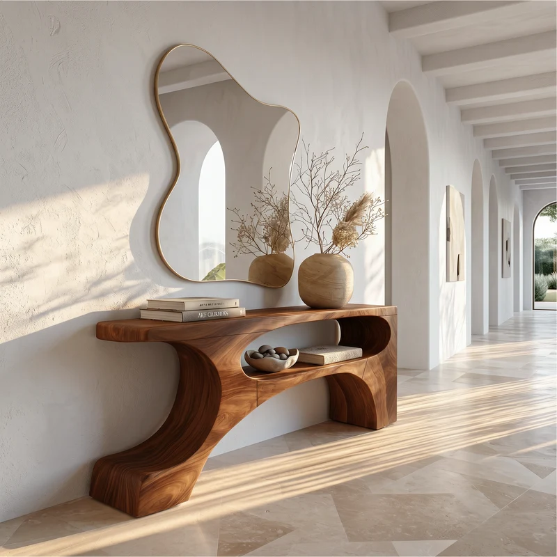 Spry Interior Contemporary Console Table, Organic Pedestal Base Solid Wood Entryway Table, Unique Sofa Table for Foyer, SINLSACS629