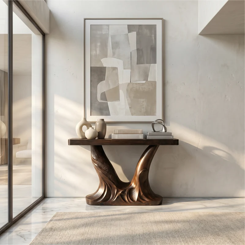 Spry Interior Organic Console Table, Sculptural Double Pedestal Base Solid Wood Entryway Sofa Table for Hallway & Foyer, SINLSACS628