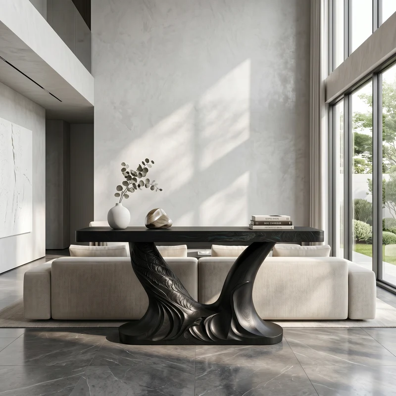 Spry Interior Organic Console Table, Sculptural Double Pedestal Base Solid Wood Entryway Sofa Table for Hallway & Foyer, SINLSACS628