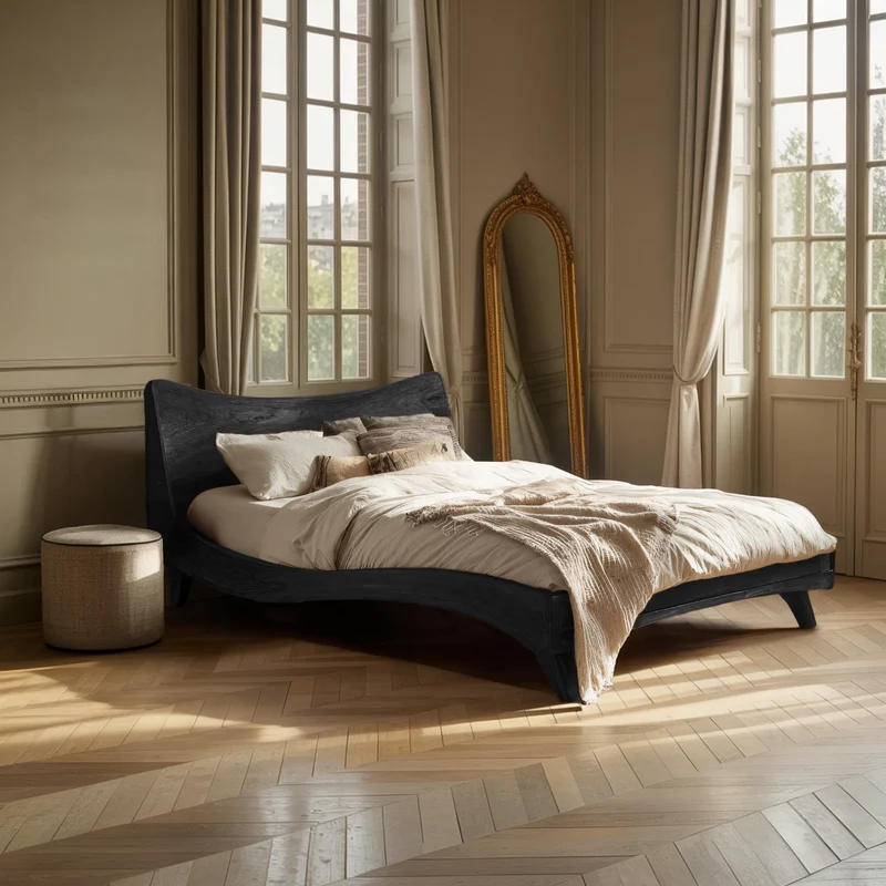 Spry Interior Curved Solid Wood Bed Frame with Headboard Set, Handcrafted Mid-Century Modern Bedroom Furniture, RTTHHNWO006