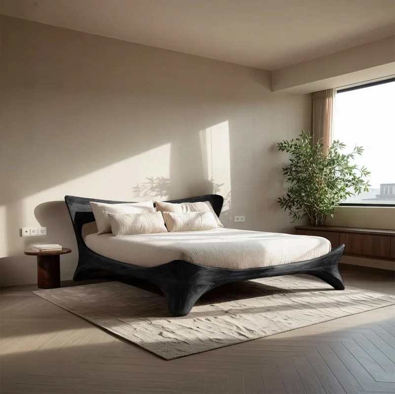 Spry Interior Organic Handcrafted Bed Frame, Solid Wood Platform Bed with Headboard for Contemporary Bedroom, RTTHHNWO011