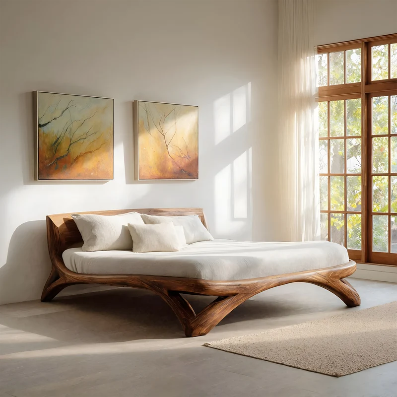 Spry Interior Minimalist Platform Bed Frame, Handcrafted Solid Wood Bedstead & Headboard for Modern Bedroom, RTTHHNWO009