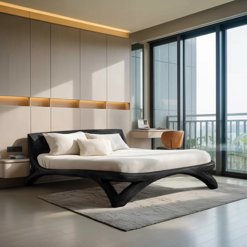 Spry Interior Minimalist Platform Bed Frame, Handcrafted Solid Wood Bedstead & Headboard for Modern Bedroom, RTTHHNWO009