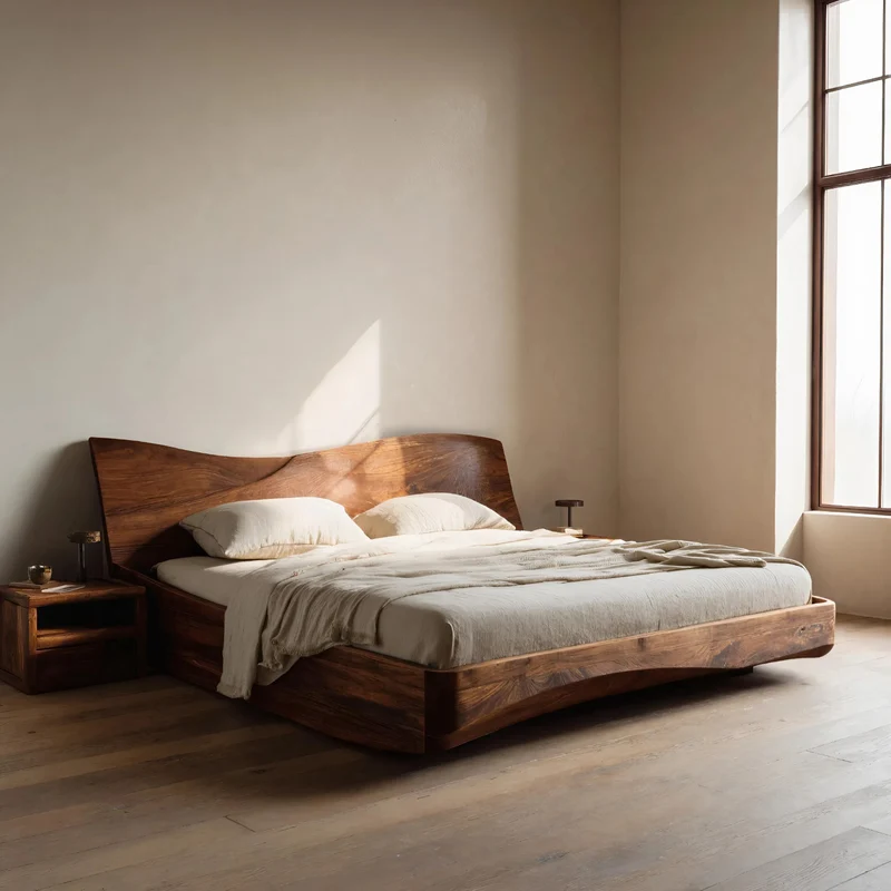 Spry Interior Organic Platform Bed and Headboard, Handcrafted Solid Wood Minimalist Bed Frame for Bedroom Decor, RTTHHNWO003
