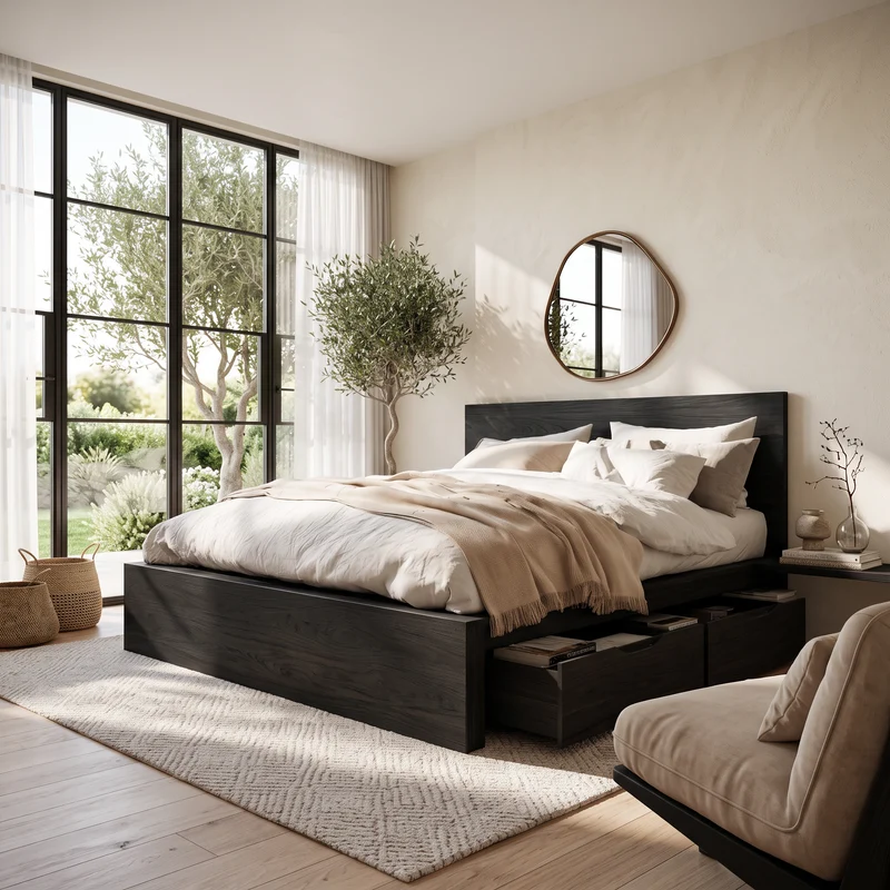Spry Interior Modern Storage Bed Frame with Headboard & Drawers, Handcrafted Solid Wood Underbed Storage Bedstead, SITHTTWO001