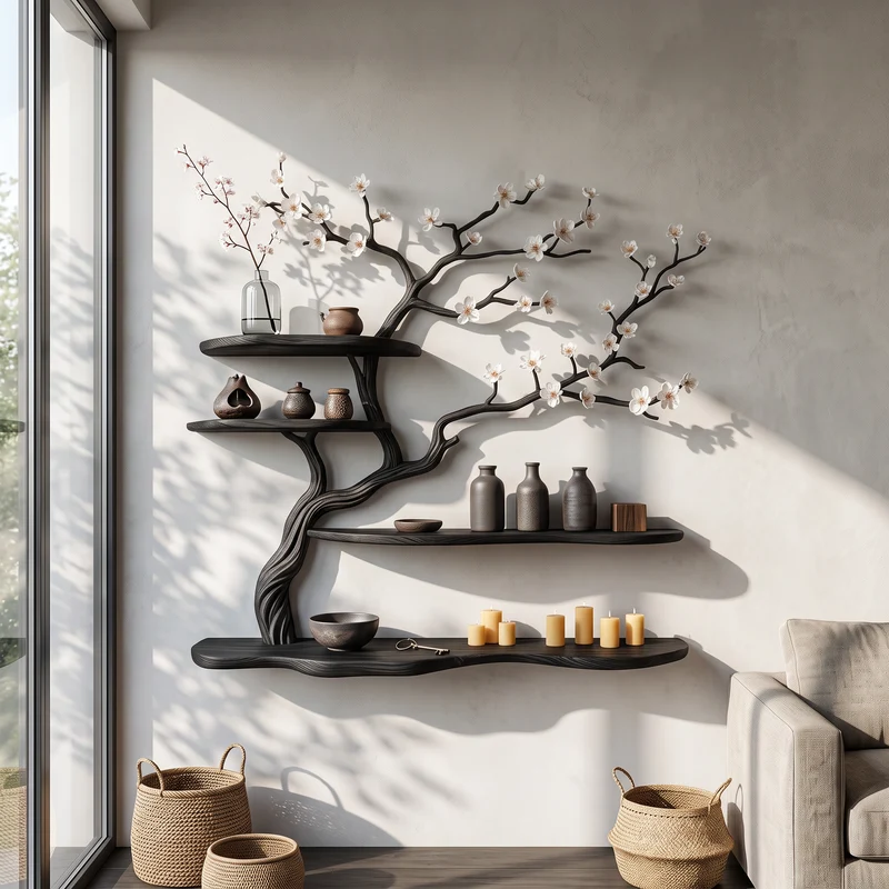 Spry Interior Rustic Blossom Floating Shelf, Solid Wood Wall Mounted Art Display Storage Rack for Living Room, SINLSATBS075