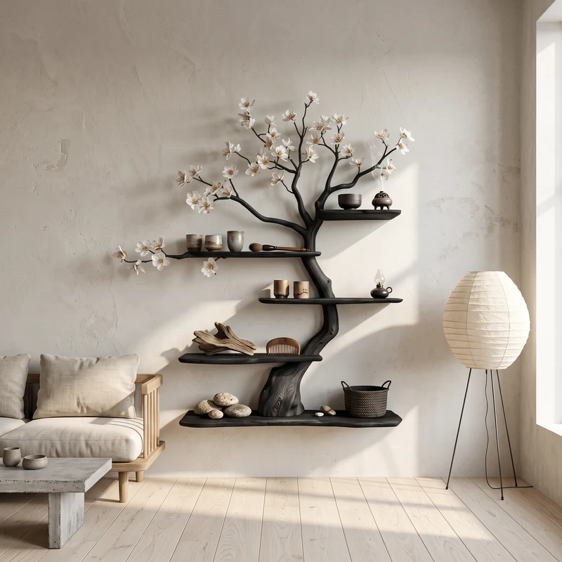 Spry Interior Rustic Wooden Tree Wall Shelf, Solid Wood Decorative Branch Hanging Display & Accent Art Organizer, SINLSATBS077