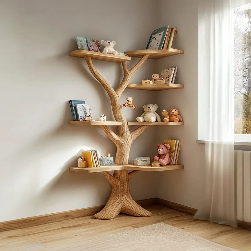 Spry Interior Rustic Organic Tree Bookshelf, Solid Wood Kids Room Branch Book Display & Decorative Wall Shelf, SINLKITB528