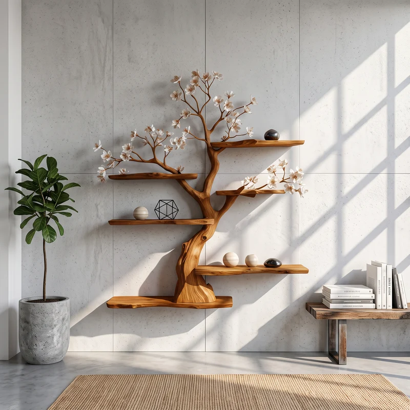 Spry Interior Rustic Wooden Tree Shelf, Floating Wall Mounted Solid Wood Branch Bookshelf Display for Living Room, SINLSATBS078