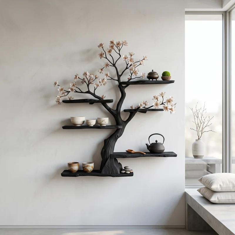 Spry Interior Rustic Wooden Tree Shelf, Floating Wall Mounted Solid Wood Branch Bookshelf Display for Living Room, SINLSATBS078