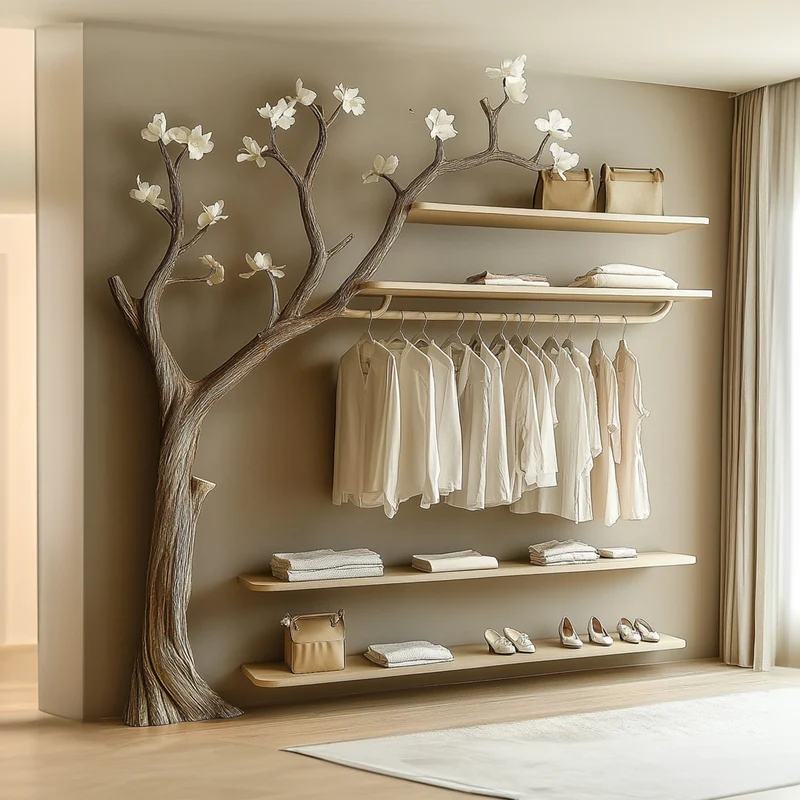 Spry Interior Rustic Organic Tree Wardrobe Shelf, Handcrafted Solid Wood Decorative Branch Wall Organizer, SINLKITB551