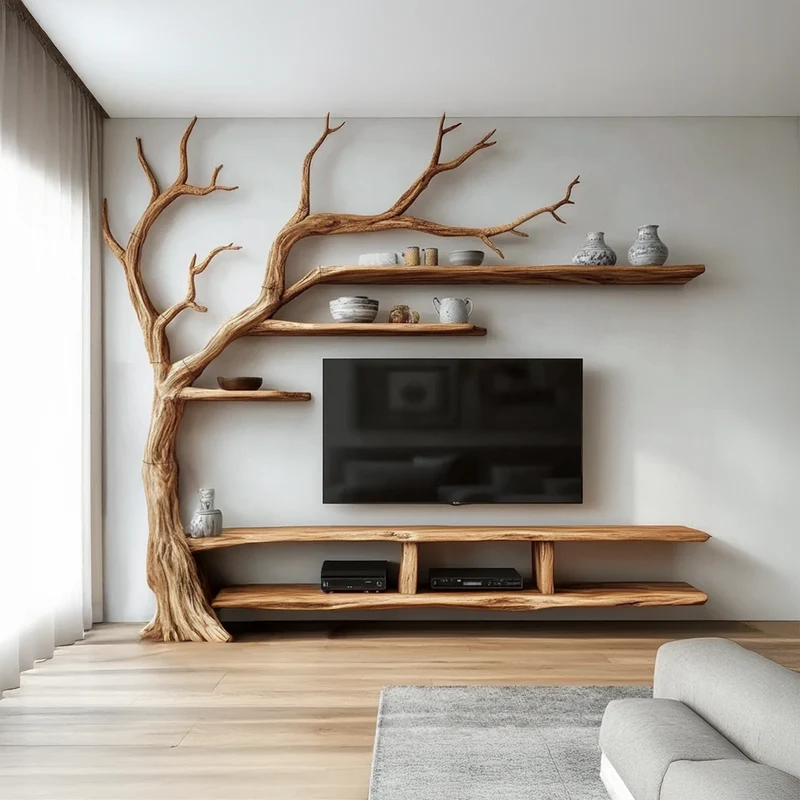 Rustic Organic Tree Wall TV Shelf Modern Home SINLSATB515