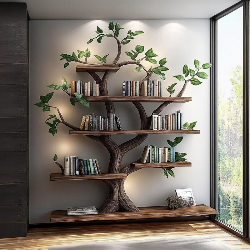 Spry Interior Rustic Organic Tree Bookshelf, Sculptural Solid Wood Branch Wall Display & Book Organizer for Living Room, SINLKITB525