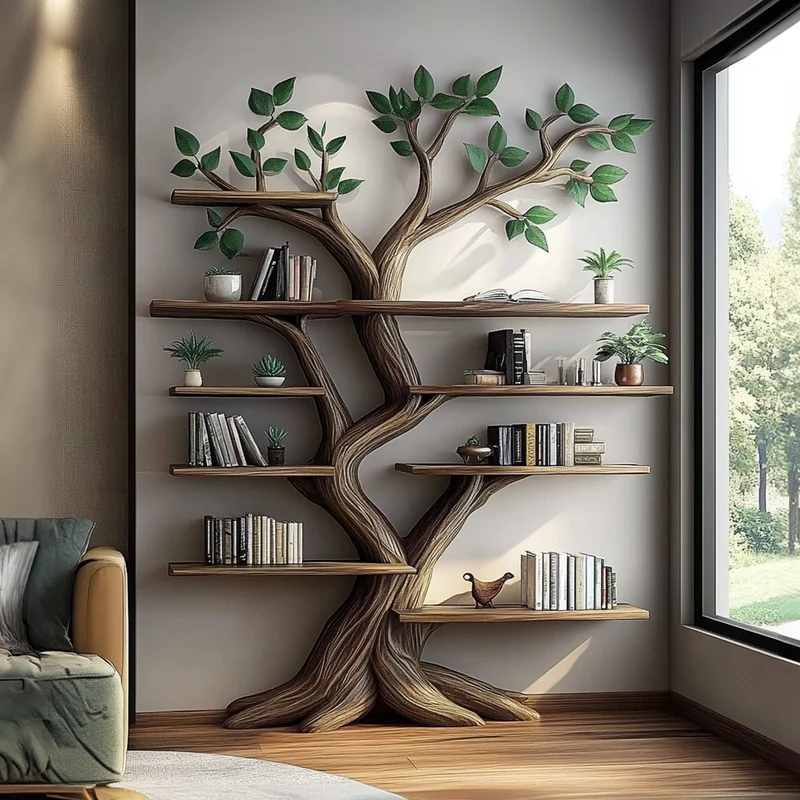Spry Interior Rustic Organic Tree Branch Bookshelf, Handcrafted Solid Wood Wall Mounted Book Display for Living Room, SINLKITB526