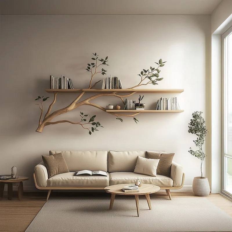 Spry Interior Rustic Tree Display Shelf, Wall Mounted Solid Wood Branch Bookshelf for Cozy Dining & Living Room, SINLSATBS051