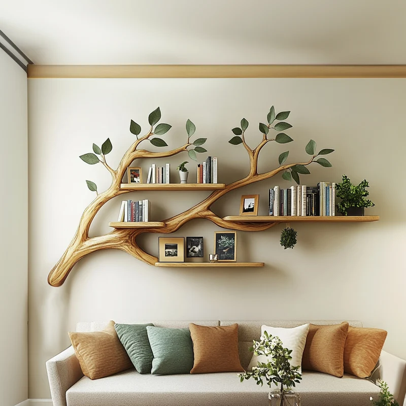 Spry Interior Rustic Sculptural Tree Branch Shelf, Solid Wood Wall Hanging Book Display for Living Room & Entryway, SINLKITBS044