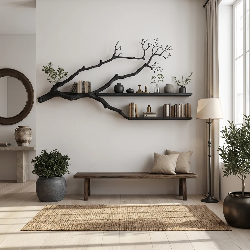 Spry Interior Rustic Tree Wall Shelf, Solid Wood Branch Bookshelf & Decorative Hanging Display for Modern Bedroom, SINLSATBS039
