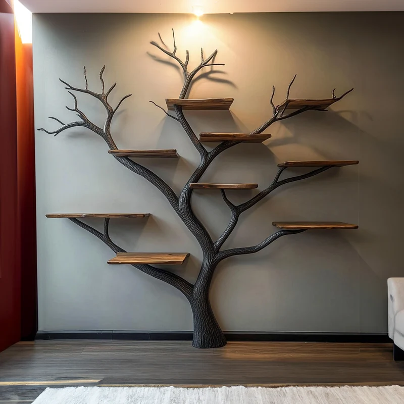 Spry Interior Sculptural Black Tree Bookshelf, Solid Wood Modern Organic Branch Wall Shelf Display Organizer, SINLKITB529