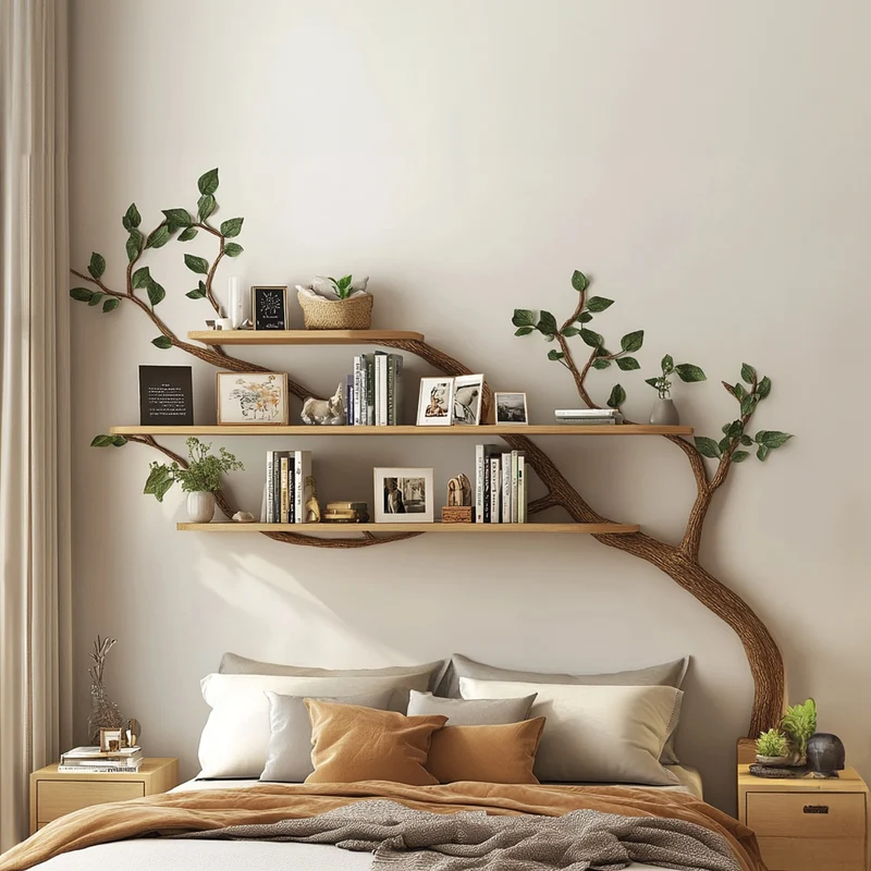 Spry Interior Rustic Tree Wall Shelf, Solid Wood Branch Bookshelf & Decorative Floating Hanging Book Organizer for Bedroom, SINLKITBS059