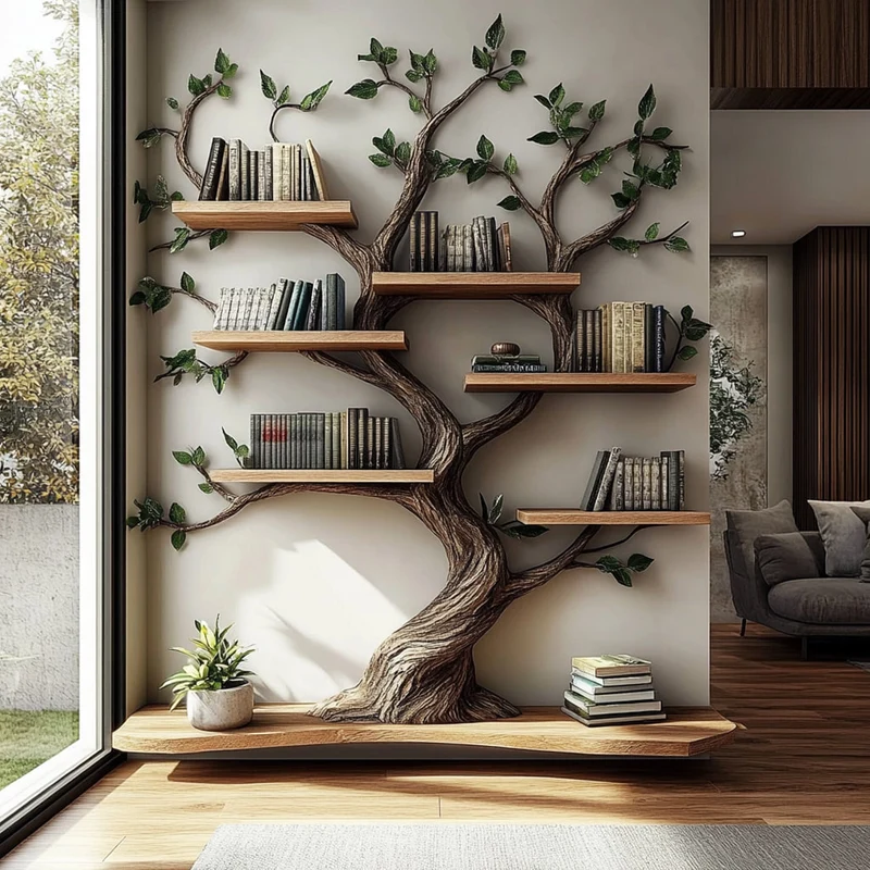 Spry Interior Rustic Tree Wall Bookshelf, Handcrafted Solid Wood Branch Hanging Display Organizer for Modern Living Room, SINLKITB556