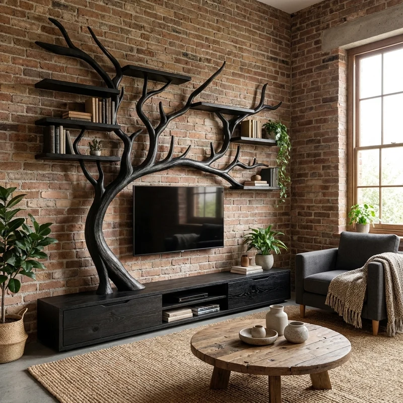 Spry Interior Rustic Tree TV Shelf, Solid Wood Wall Mounted Branch Entertainment & Bookshelf Media Display, SINLKITB554