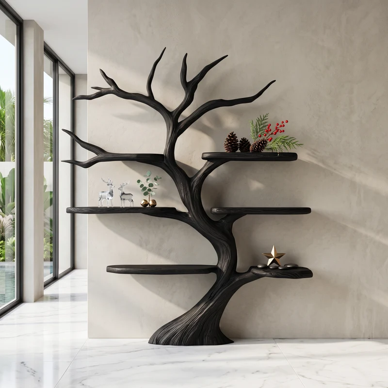 Spry Interior Rustic Organic Tree Wall Shelf, Handcrafted Solid Wood Branch Bookshelf & Living Room Accent Organizer, SINLSATB558
