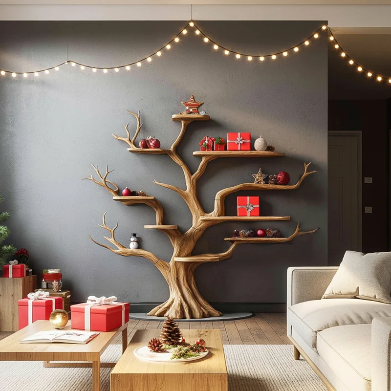 Spry Interior Rustic Organic Tree Wall Shelf, Solid Wood Branch Display Bookshelf & Hallway Wall Decor Organizer, SINLSATB559